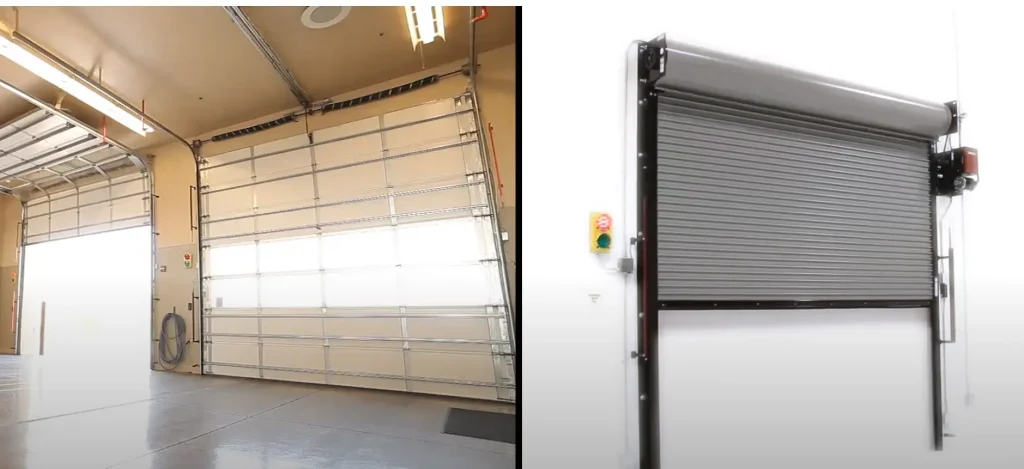 Side-by-side comparison of two types of commercial garage doors: a sectional garage door on the left and a rolling steel door on the right, showcasing their structural differences.