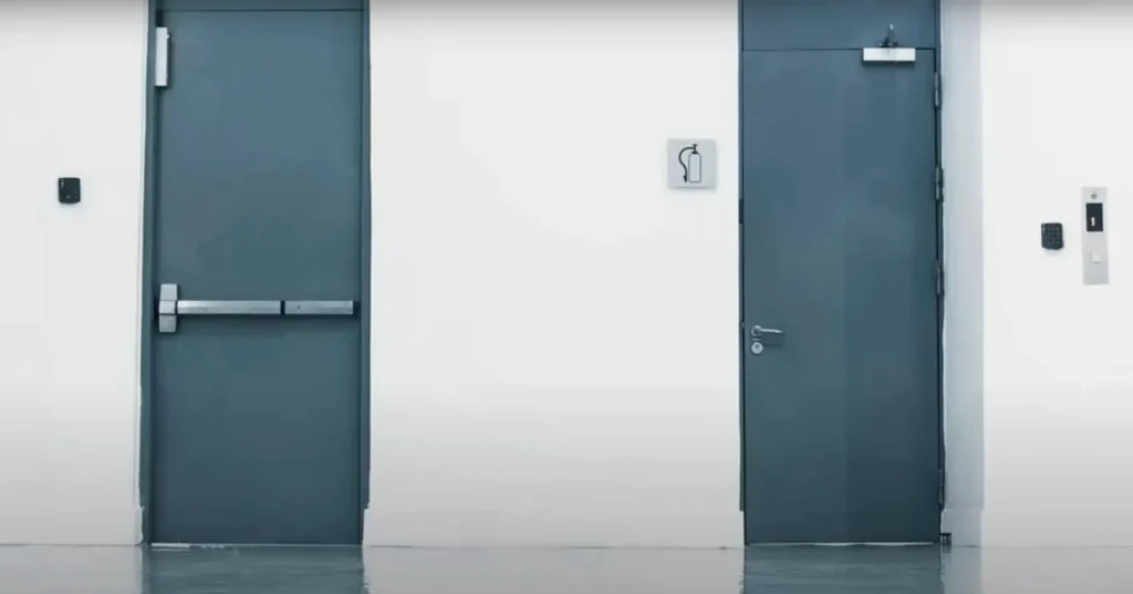 Two blue fire-rated doors in a commercial building with emergency push bar handles and security keypad access.