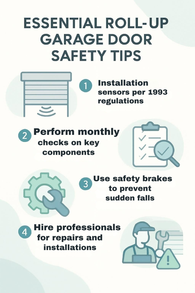 Infographic titled “Essential Roll-Up Garage Door Safety Tips” featuring four illustrated tips: 1) Install sensors per 1993 regulations, 2) Perform monthly checks on components, 3) Use safety brakes to prevent falls, and 4) Hire professionals for repairs and installations.