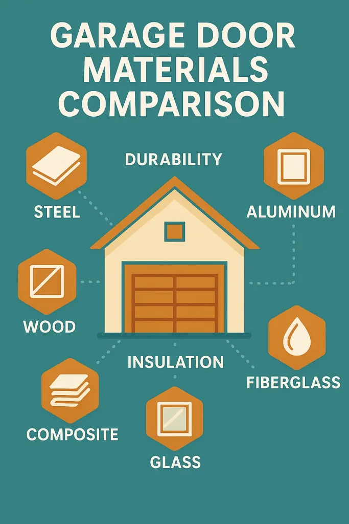 Infographic showing different garage door materials—steel, wood, aluminum, fiberglass, composite, and glass—centered around a house icon, with focus on durability and insulation.