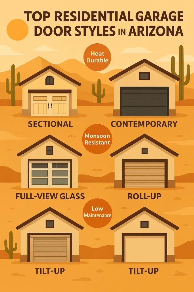 Illustration comparing six residential garage door styles in Arizona—Sectional, Contemporary, Full-View Glass, Roll-Up, and two Tilt-Up styles—with icons highlighting features like heat durability, monsoon resistance, and low maintenance.