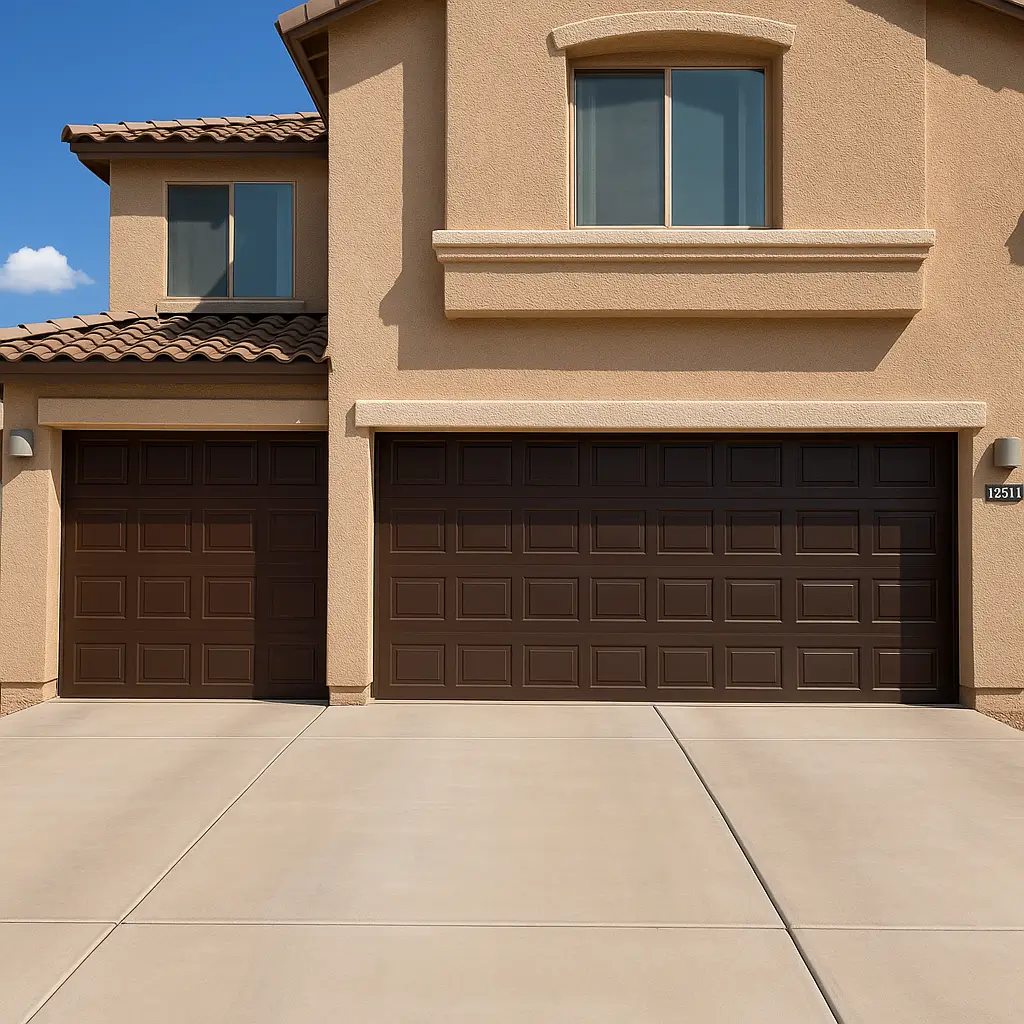 Modern two-car garage with dark brown paneled doors on a stucco home, showcasing residential garage door styles in a suburban neighborhood.