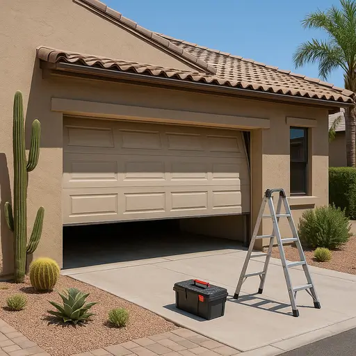 A residential home in Phoenix, Arizona, with a garage door partially open. A stepladder and a black toolbox are placed in the driveway, suggesting a maintenance or repair task is in progress. The home has a stucco exterior and desert landscaping.