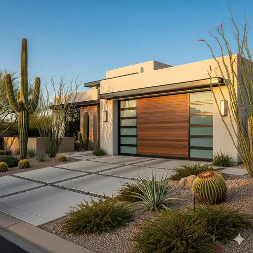 image of a modern home in Phoenix, Arizona, with a custom garage door that combines wide wood panels with frosted glass sections. The home has a stucco exterior and is surrounded by desert landscaping with cacti and succulents.