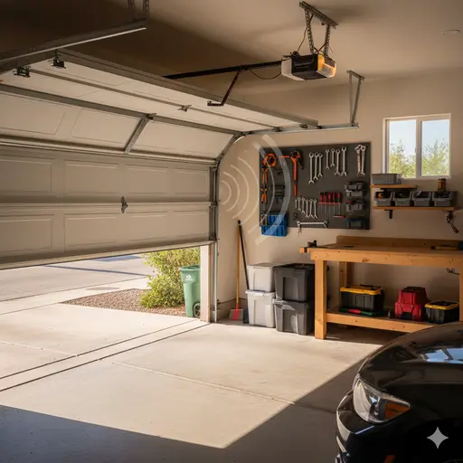 An interior view of a residential garage in Phoenix, Arizona, with a white sectional garage door partially open, revealing the driveway and desert landscaping outside. Subtle sound wave icons near the door suggest it is operating, emphasizing potential noise.
